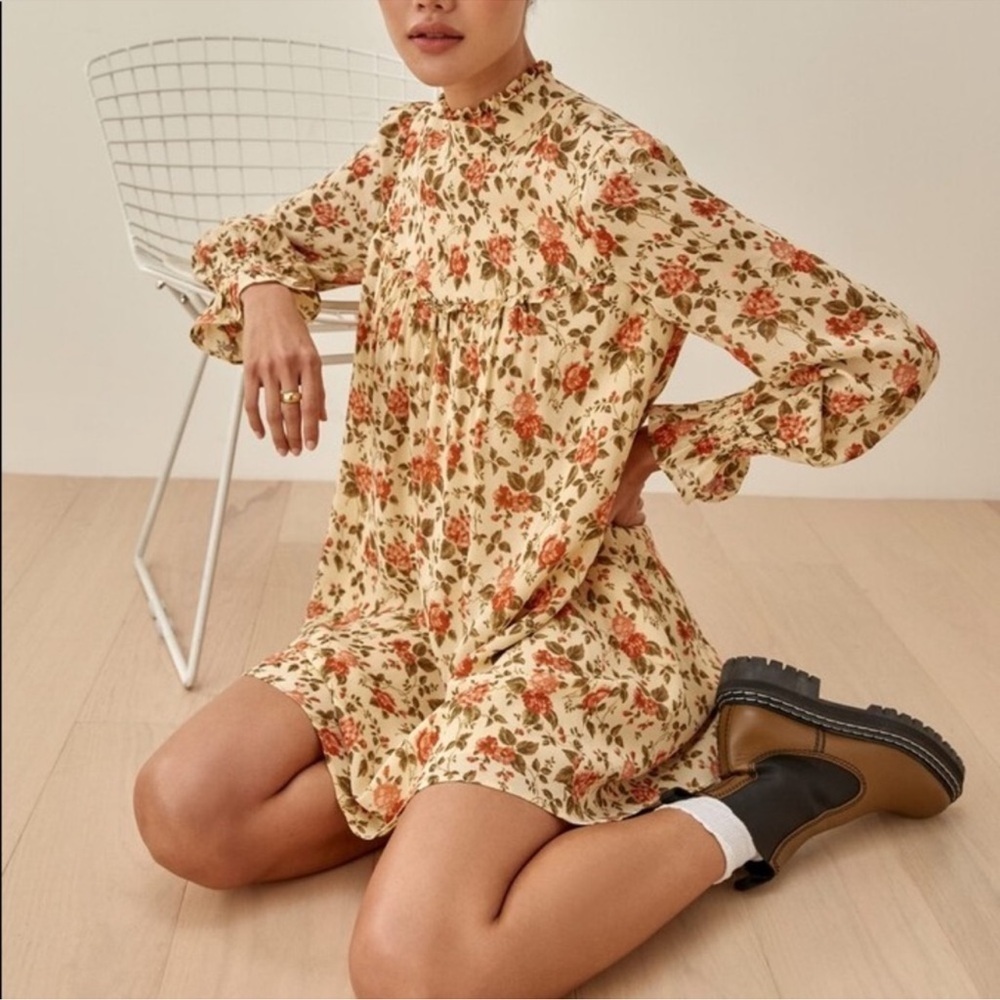 REFORMATION COTTAGCORE RUFFLED VARENNA FLORAL PRINT CREPE MINI DRESS XS